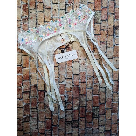 NWT For Love and Lemons Outline White Rainbow Floral Lace Garter Belt size: S - Picture 3 of 8
